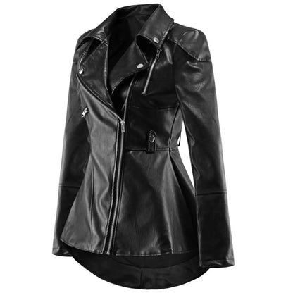 Women Leather Zipper Long Slim Biker Motorcycle Coat - Fashionqueene.com-leather jacket