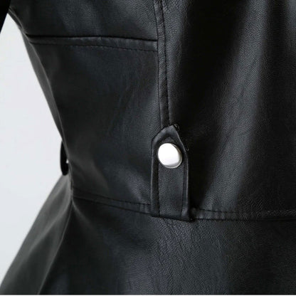 Women Leather Zipper Long Slim Biker Motorcycle Coat - Fashionqueene.com-leather jacket