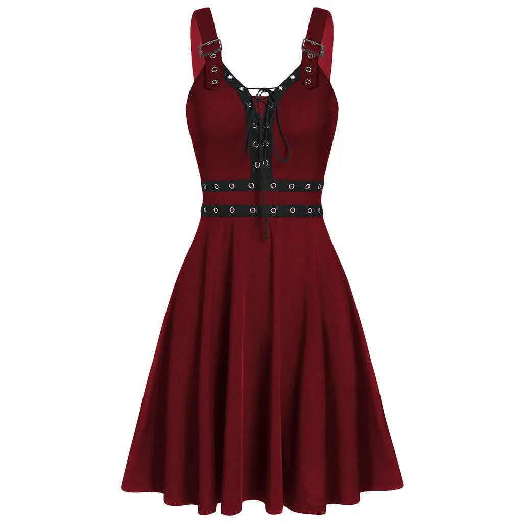 Women Plus Size Cool Solid Bandage Irregular Hem Sleeveless Camisole Mini Dress Gothic punk style sleeveless strap dress - Fashionqueene.com-gothic punk dress