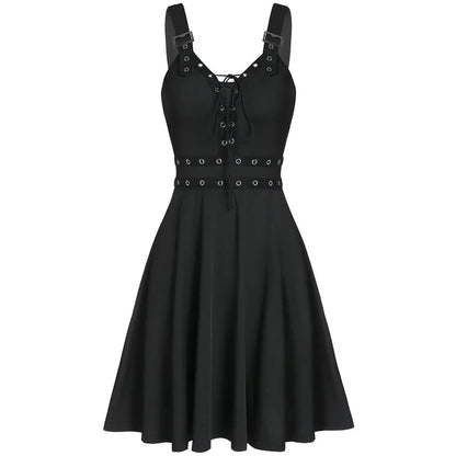 Women Plus Size Cool Solid Bandage Irregular Hem Sleeveless Camisole Mini Dress Gothic punk style sleeveless strap dress - Fashionqueene.com-gothic punk dress