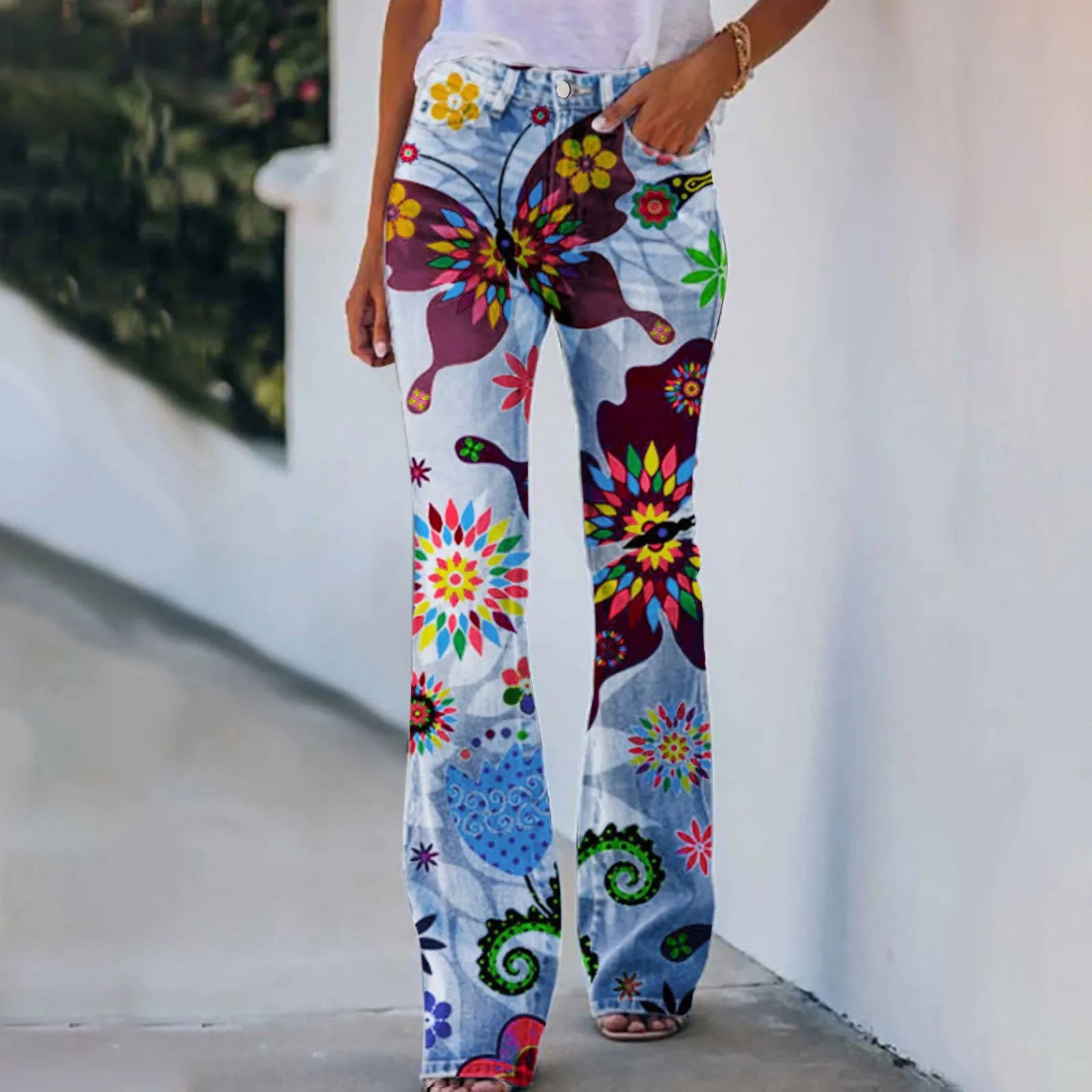 Women Retro Butterfly Printed Straight Jeans Casual Comfortable Wide Leg - Fashionqueene.com-ladies jeans