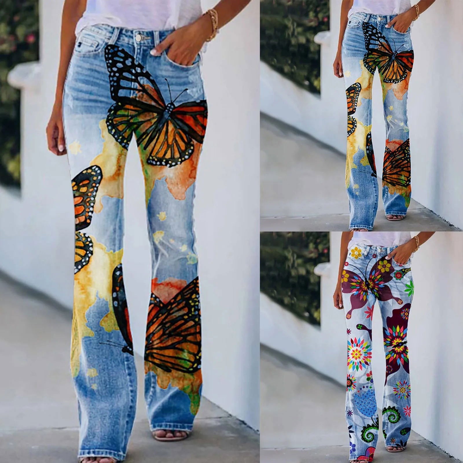 Women Retro Butterfly Printed Straight Jeans Casual Comfortable Wide Leg - Fashionqueene.com-ladies jeans