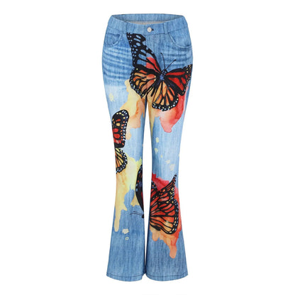 Women Retro Butterfly Printed Straight Jeans Casual Comfortable Wide Leg - Fashionqueene.com-ladies jeans