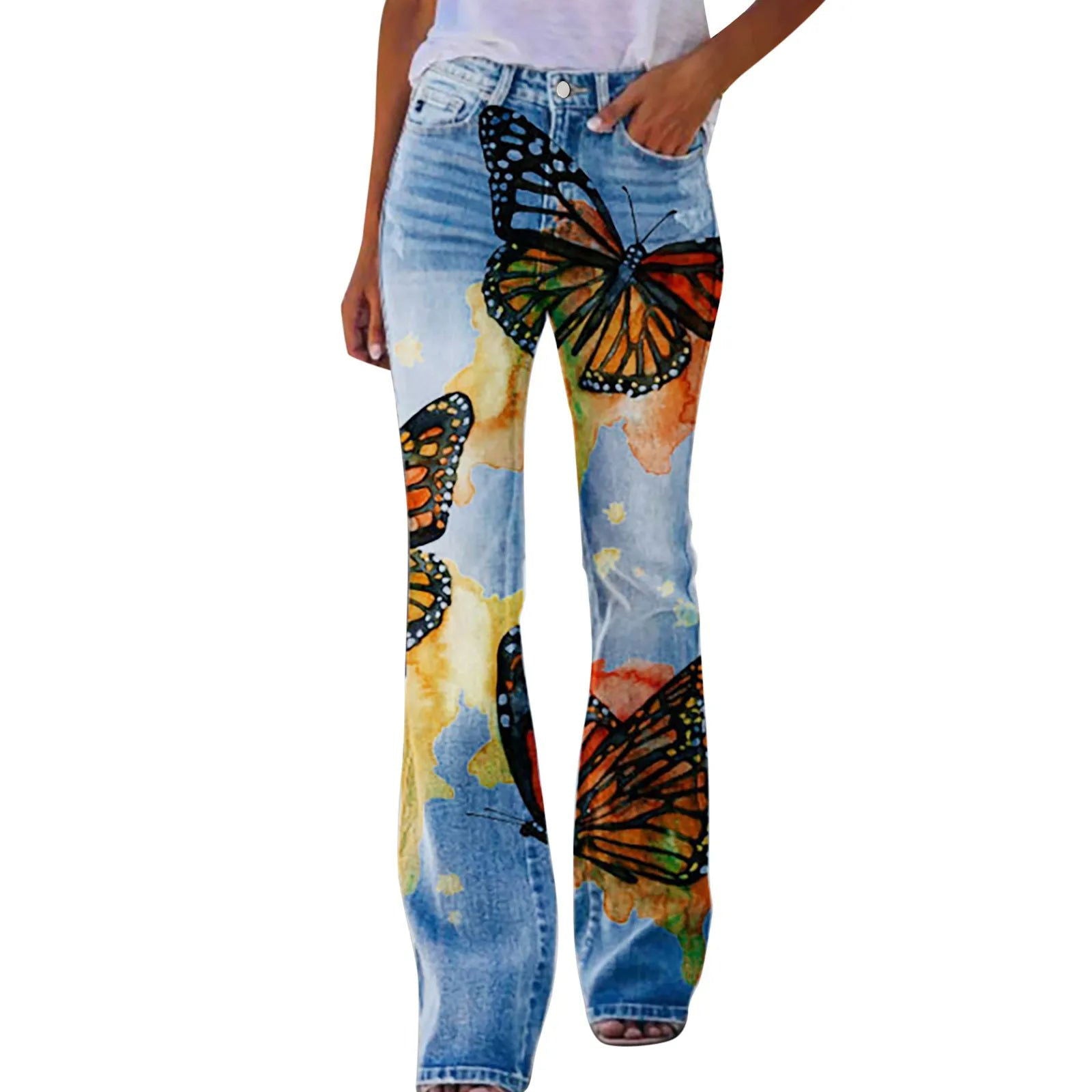 Women Retro Butterfly Printed Straight Jeans Casual Comfortable Wide Leg - Fashionqueene.com-ladies jeans