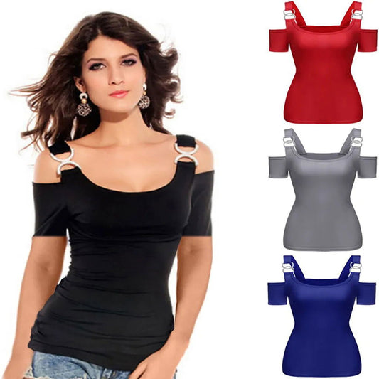 Women T-shirt Solid Off Shoulder Tops Metal Buckle Strap Summer Short Sleeve Sexy Tops Female Tees Solid Tshirt Ropa Mujer 2021 - Fashionqueene.com-female top