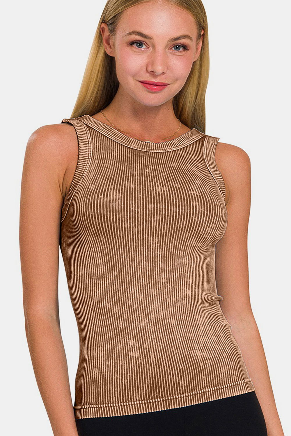 Zenana 2 Way Neckline Washed Ribbed Cropped Tank - Fashionqueene.com-Zenana 2 Way Neckline Washed Ribbed Cropped Tank