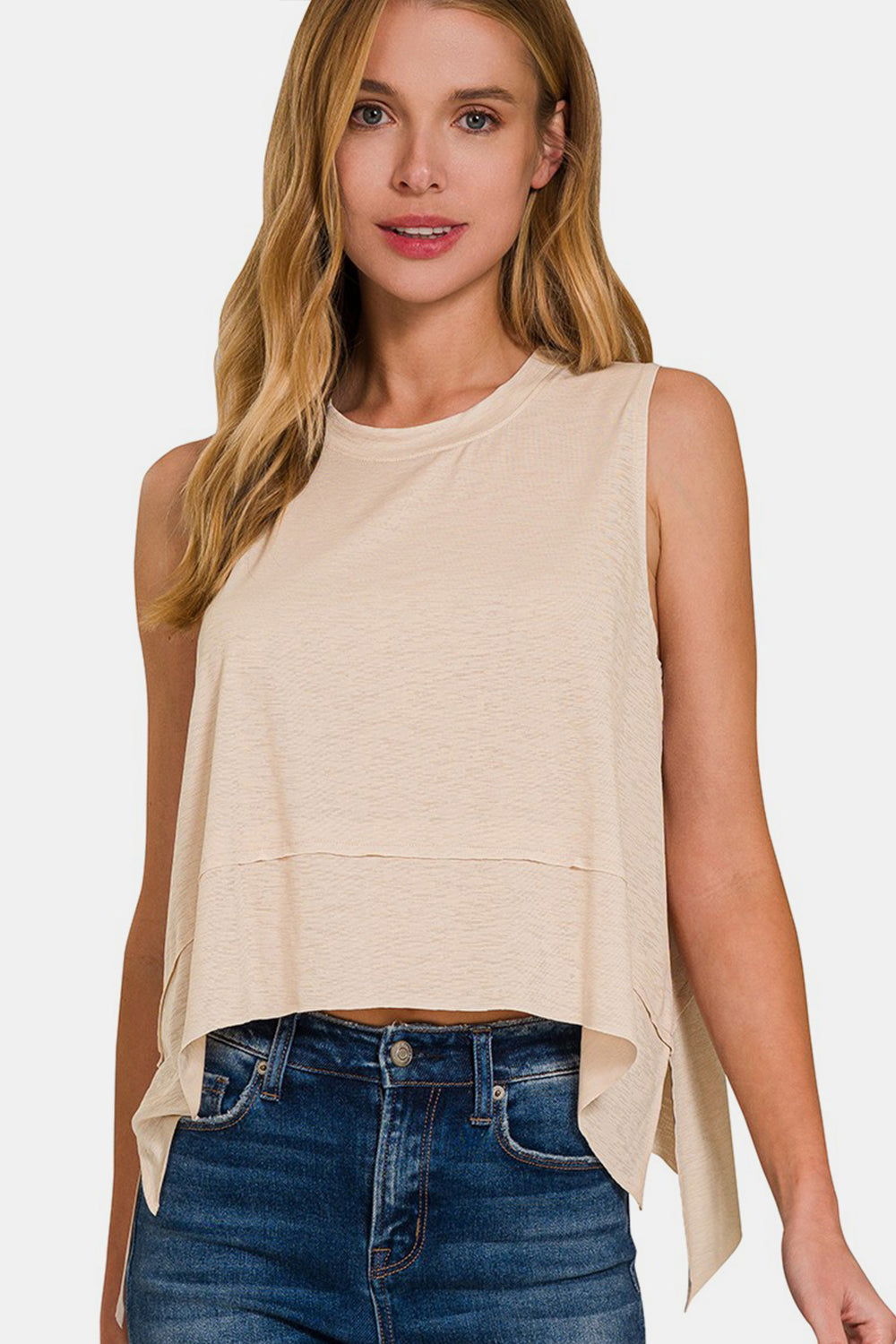 Zenana Exposed Seam Slit Round Neck Tank - Fashionqueene.com-Tank top