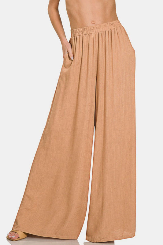 Zenana Pleated Linen Blend Wide Leg Pants - Fashionqueene.com-Zenana Pleated Linen Blend Wide Leg Pants