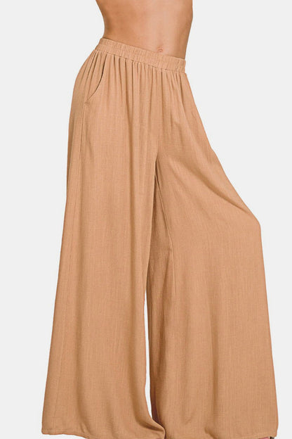 Zenana Pleated Linen Blend Wide Leg Pants - Fashionqueene.com-Zenana Pleated Linen Blend Wide Leg Pants