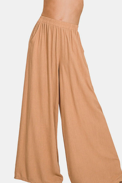 Zenana Pleated Linen Blend Wide Leg Pants - Fashionqueene.com-Zenana Pleated Linen Blend Wide Leg Pants