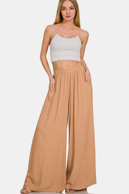 Zenana Pleated Linen Blend Wide Leg Pants - Fashionqueene.com-Zenana Pleated Linen Blend Wide Leg Pants