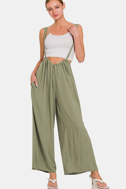 Zenana Pocketed Wide Strap Wide Leg Overalls - Fashionqueene.com-Zenana Pocketed Wide Strap Wide Leg Overalls