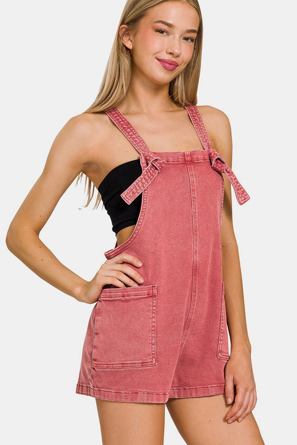 Zenana Washed Knot Strap Rompers - Fashionqueene.com-Zenana Washed Knot Strap Rompers