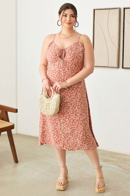 Zenobia Plus Size Cutout Floral Spaghetti Strap Dress - Fashionqueene.com-Plus dress