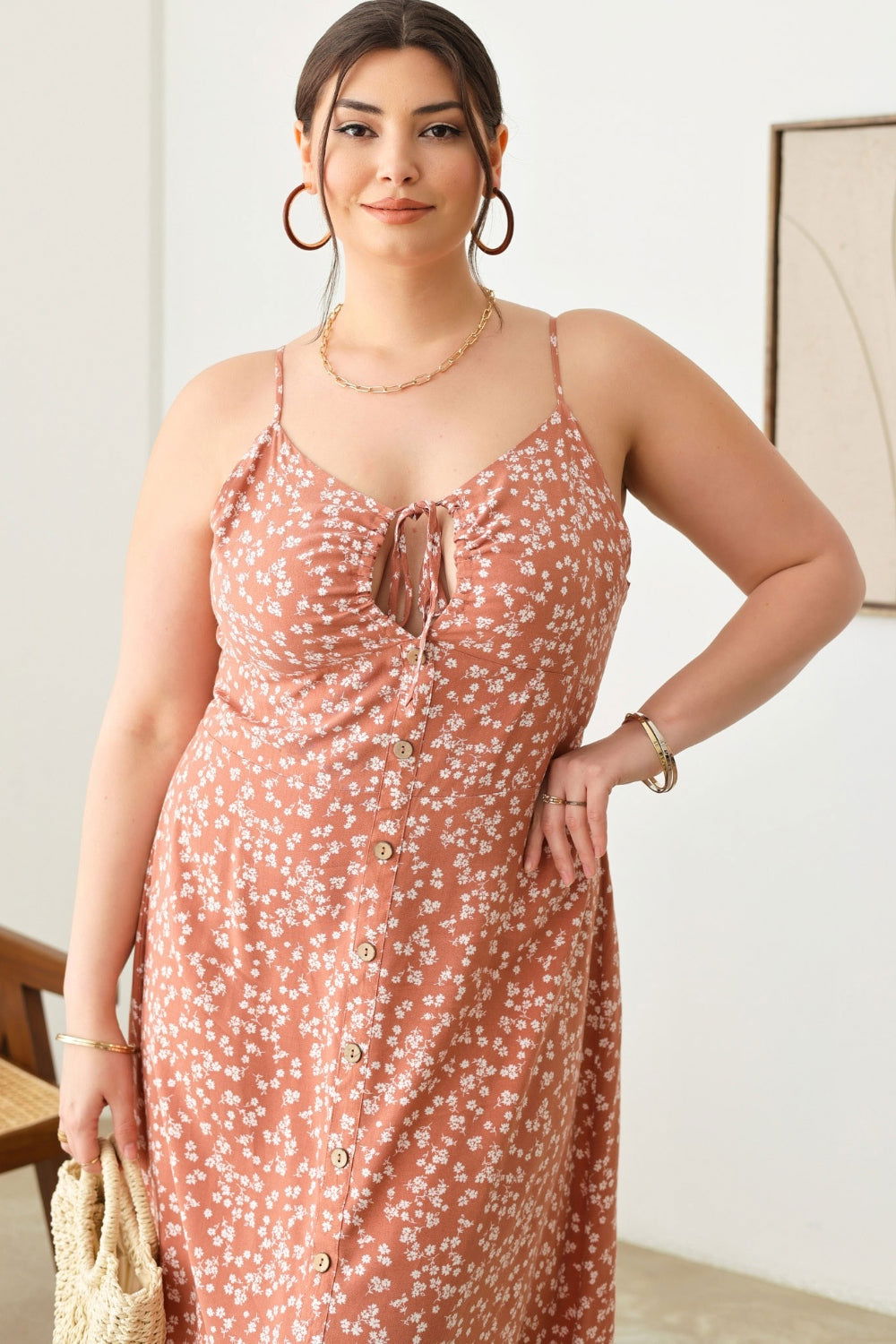 Zenobia Plus Size Cutout Floral Spaghetti Strap Dress - Fashionqueene.com-Plus dress