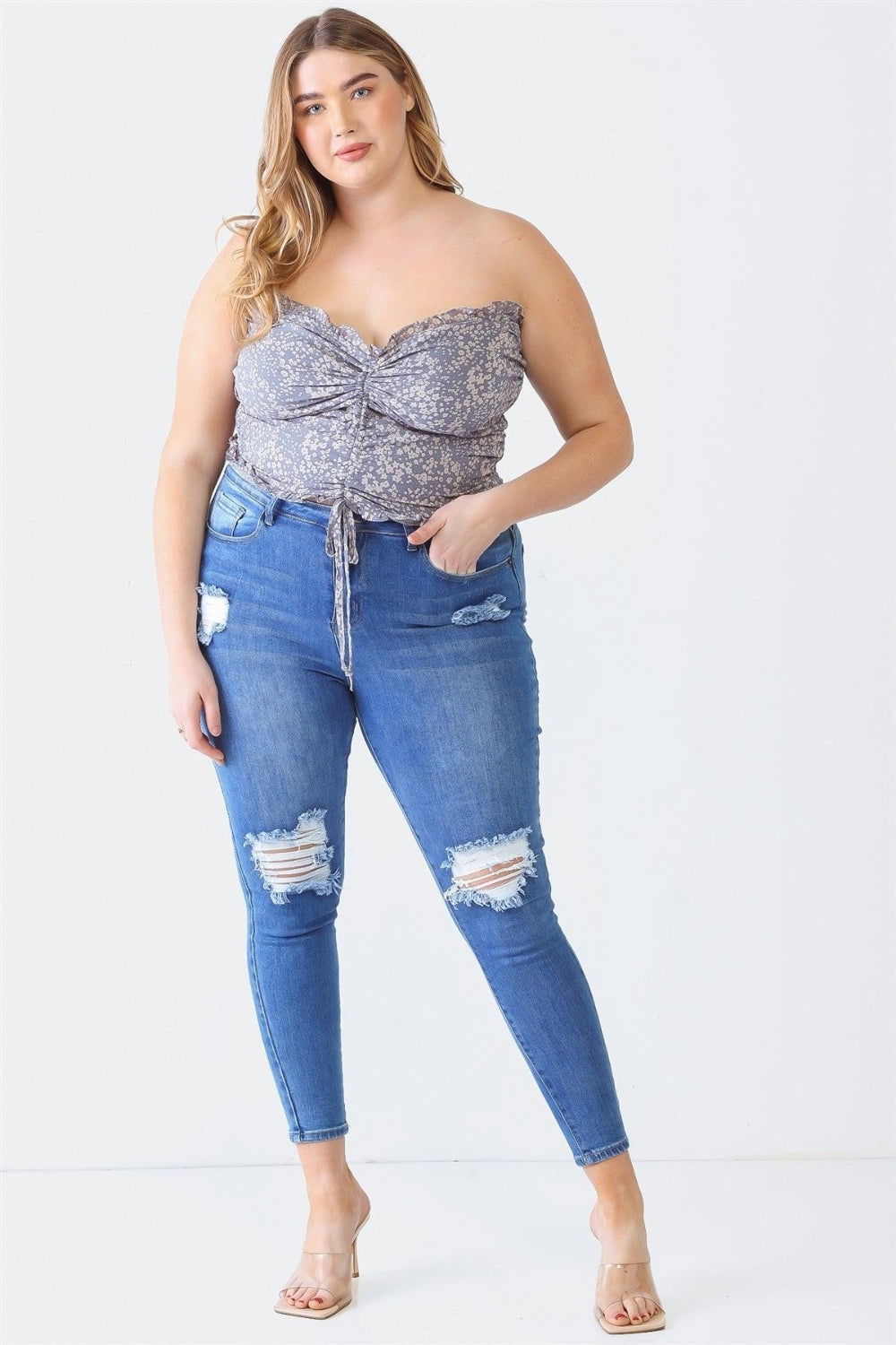 Zenobia Plus Size Drawstring Smocked Floral Tube Top - Fashionqueene.com-Zenobia Plus Size Drawstring Smocked Floral Tube Top