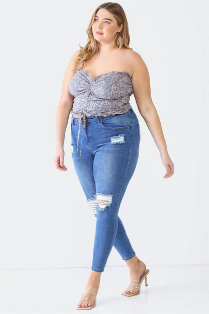 Zenobia Plus Size Drawstring Smocked Floral Tube Top - Fashionqueene.com-Zenobia Plus Size Drawstring Smocked Floral Tube Top