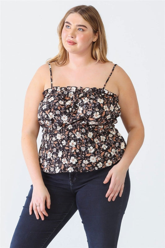 Zenobia Plus Size Frill Floral Square Neck Cami - Fashionqueene.com-Zenobia Plus Size Frill Floral Square Neck Cami