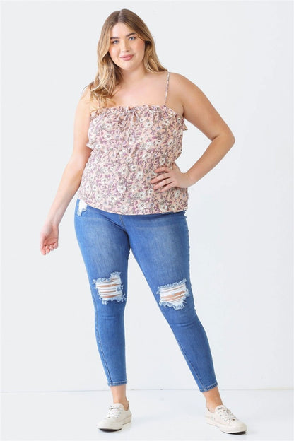 Zenobia Plus Size Frill Floral Square Neck Cami - Fashionqueene.com-Zenobia Plus Size Frill Floral Square Neck Cami