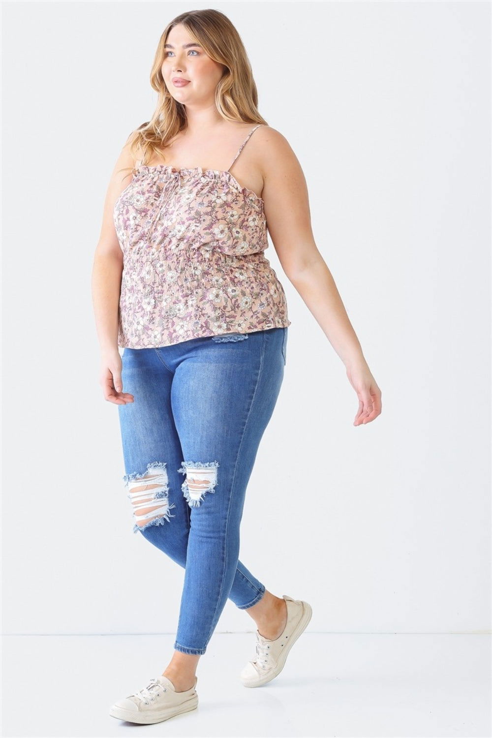 Zenobia Plus Size Frill Floral Square Neck Cami - Fashionqueene.com-Zenobia Plus Size Frill Floral Square Neck Cami