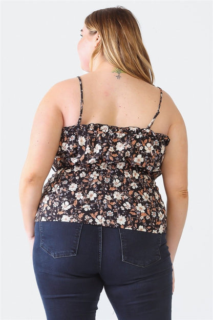 Zenobia Plus Size Frill Floral Square Neck Cami - Fashionqueene.com-Zenobia Plus Size Frill Floral Square Neck Cami