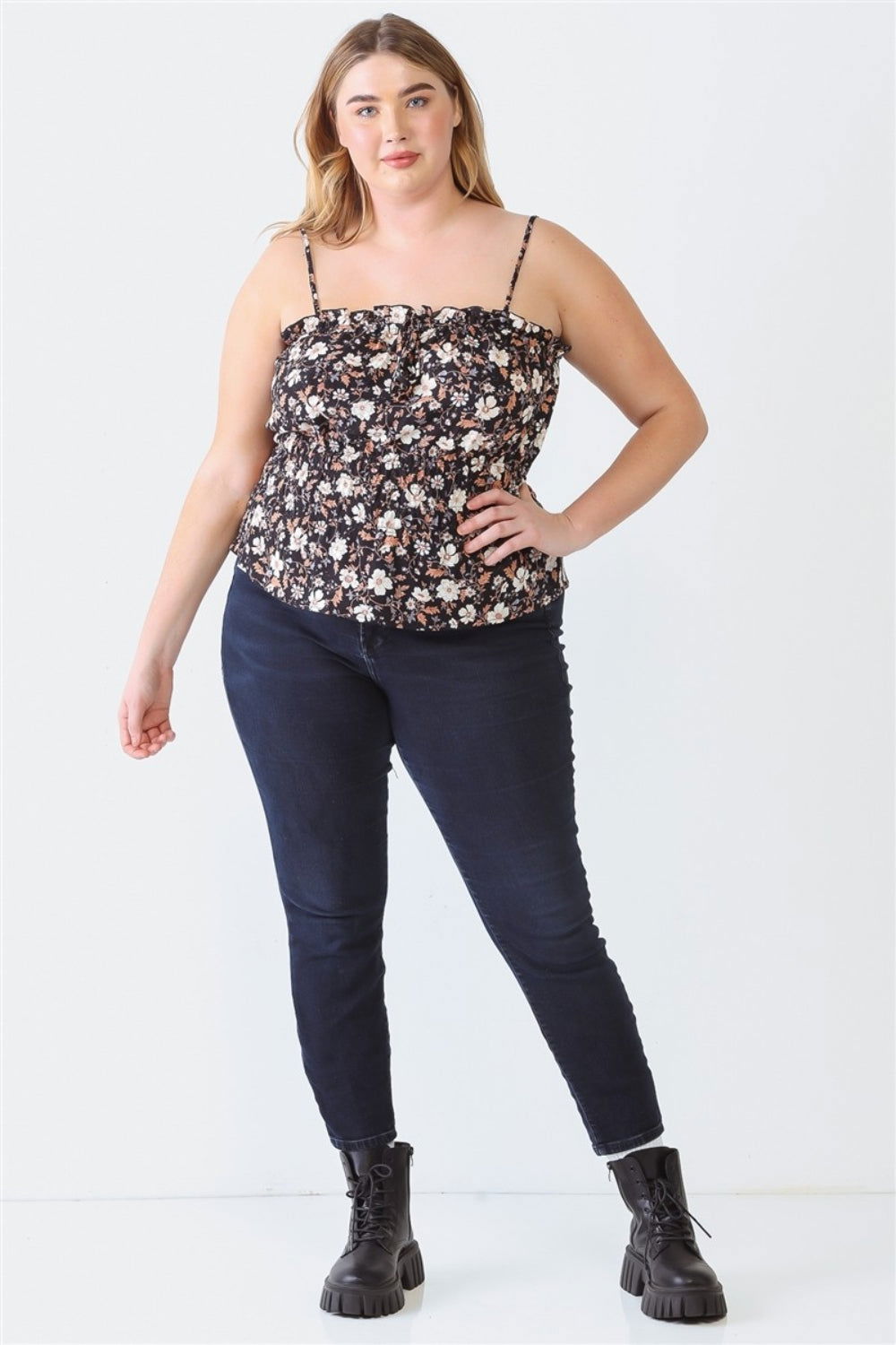 Zenobia Plus Size Frill Floral Square Neck Cami - Fashionqueene.com-Zenobia Plus Size Frill Floral Square Neck Cami