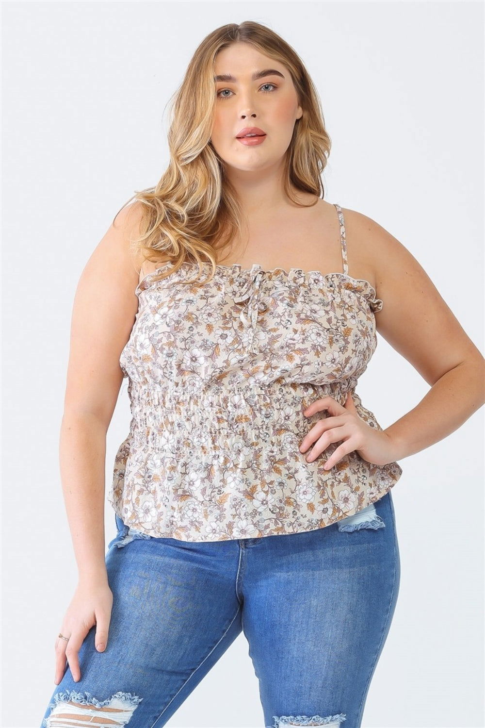 Zenobia Plus Size Frill Floral Square Neck Cami - Fashionqueene.com-Zenobia Plus Size Frill Floral Square Neck Cami