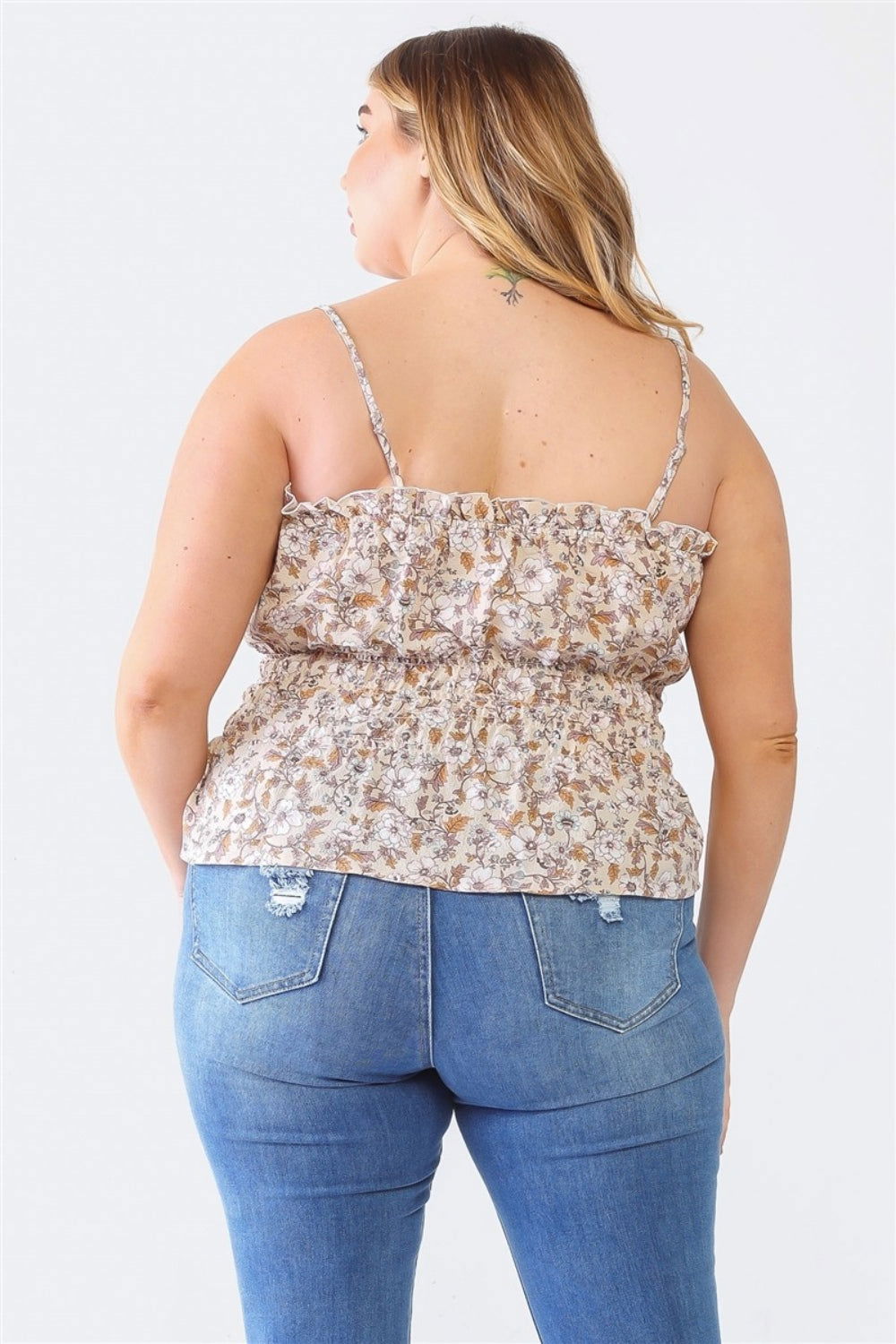 Zenobia Plus Size Frill Floral Square Neck Cami - Fashionqueene.com-Zenobia Plus Size Frill Floral Square Neck Cami