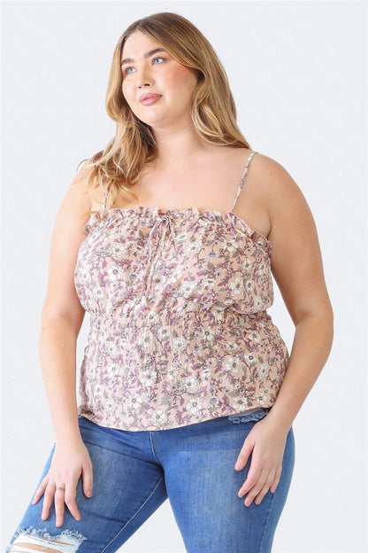 Zenobia Plus Size Frill Floral Square Neck Cami - Fashionqueene.com-Zenobia Plus Size Frill Floral Square Neck Cami