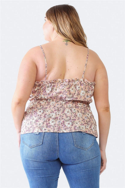 Zenobia Plus Size Frill Floral Square Neck Cami - Fashionqueene.com-Zenobia Plus Size Frill Floral Square Neck Cami