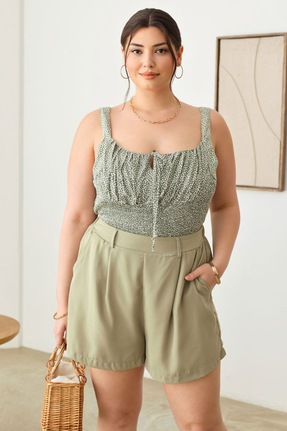 Zenobia Plus Size Half Elastic Waist Shorts with Pockets - Fashionqueene.com-Plus shorts