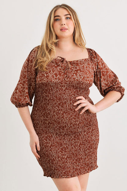 Zenobia Plus Size Smocked Printed Square Neck Mini Dress - Fashionqueene.com-Zenobia Plus Size Smocked Printed Square Neck Mini Dress