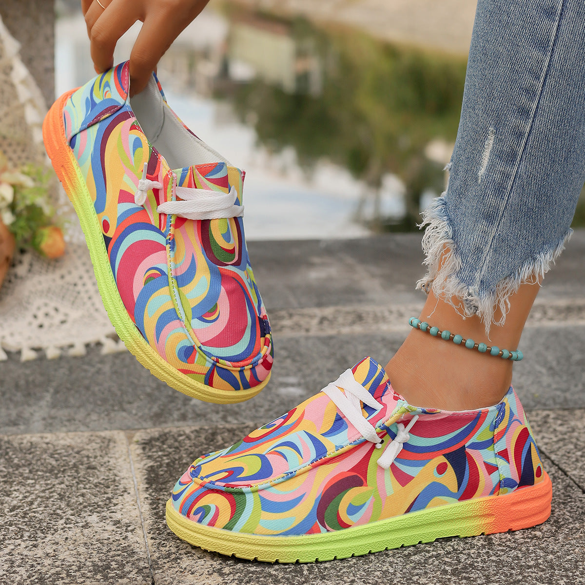 Colorful Round Toe Canvas Slip-Ons Style D