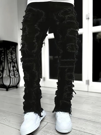 Men's Slim-Fit Stretch Denim Jeans with Raw Trim & Tassel Details -  Distressed Street Style Hip-Hop Pink / S Pink / M Pink / L Pink / S-Pink / M-Pink / L-Pink / XL-Pink / XXL-