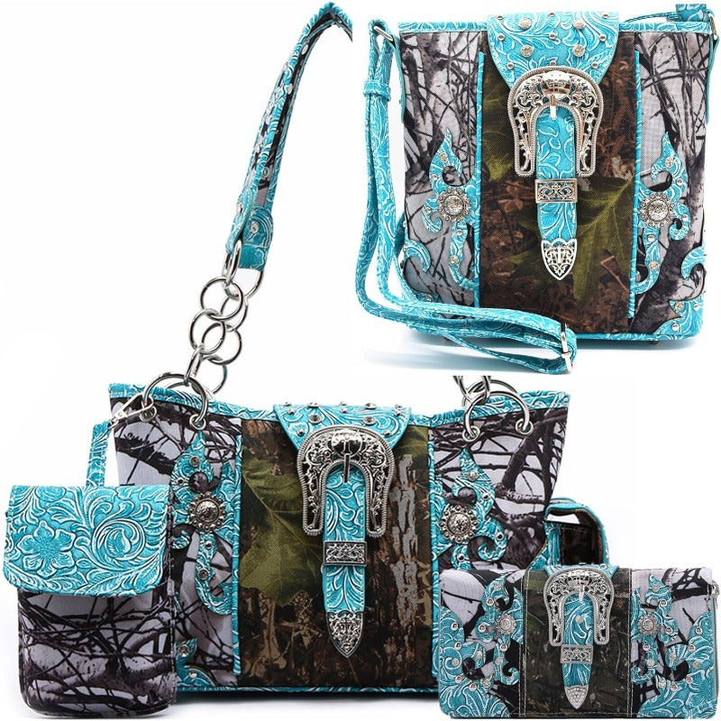 Camouflage Purse with Concho Buckle and Floral Studs Crossbody Handbag Shoulder Bag Wallet Set 4piece Set Black 4piece Set Turquoise 4piece Set Black-4piece Set Turquoise-