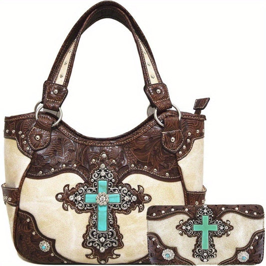 1pc Western Style Faux Leather Handbag with Rhinestone Cross and Conchos, Studded Shoulder Bag with Trifold Wallet Set Beige #2 Black Set Coffee Set Beige #2-Black Set-Coffee Set-Turquoise Set-
