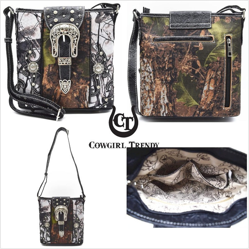 Camouflage Purse with Concho Buckle and Floral Studs Crossbody Handbag Shoulder Bag Wallet Set 4piece Set Black 4piece Set Turquoise 4piece Set Black-4piece Set Turquoise-