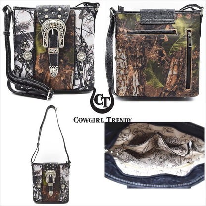 Camouflage Purse with Concho Buckle and Floral Studs Crossbody Handbag Shoulder Bag Wallet Set 4piece Set Black 4piece Set Turquoise 4piece Set Black-4piece Set Turquoise-