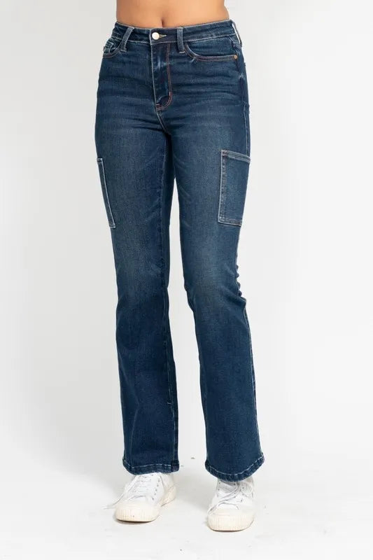 Judy Blue Full Size High Waist Cargo Bootcut Jeans Plus Size DK / 1(25) DK / 3(26) DK / 5(27) DK / 1(25)-DK / 3(26)-DK / 5(27)-DK / 7(28)-DK / 9(29)-DK / 11(30)-DK / 13(31)-DK / 15(32)-DK / 14W-DK / 16W-DK / 18W-DK / 20W-DK / 22W-DK / 24W-DK / 0(24)-
