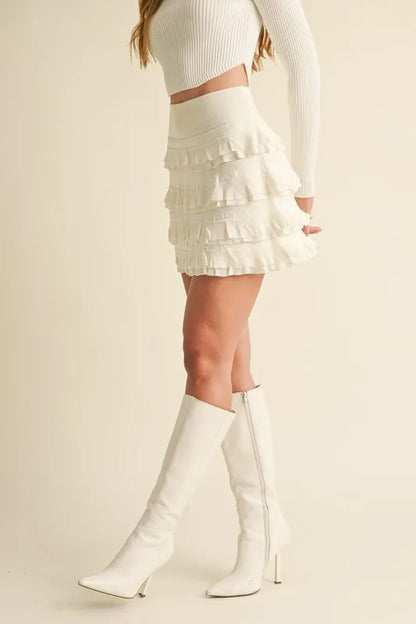 MABLE Ruffled Detail High Waist Knit Mini Skirt Cream / M Cream / S Cream / L Cream / M-Cream / S-Cream / L-