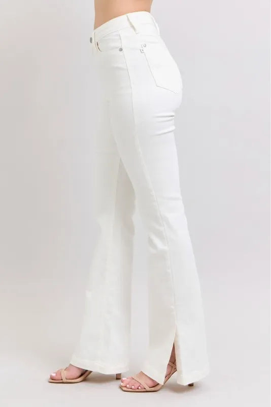Judy Blue Full Size High Waist Side Slit Slim Bootcut Jeans Plus Size WHT / 14W WHT / 11(30) WHT / 0(24) WHT / 14W-WHT / 11(30)-WHT / 0(24)-WHT / 1(25)-WHT / 3(26)-WHT / 5(27)-WHT / 7(28)-WHT / 9(29)-WHT / 13(31)-WHT / 15(32)-WHT / 16W-WHT / 18W-WHT / 20W-WHT / 22W-WHT / 24W-