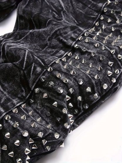 Men's Slim-Fit Rivet-Studded Denim Jeans - Punk Style, Stretch Cotton Blend Black / 30 Black / 32 Black / 34 Black / 30-Black / 32-Black / 34-Black / 36-Black / 38-