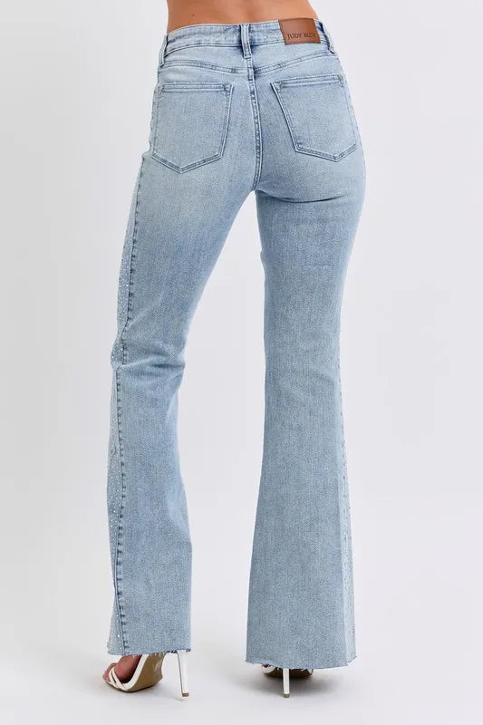 Judy Blue Full Size Midi Rise Rhinestone Side Panel Detail Flare Jeans Plus Size LT / 1(25) LT / 5(27) LT / 7(28) LT / 1(25)-LT / 5(27)-LT / 7(28)-LT / 9(29)-LT / 20W-LT / 0(24)-LT / 3(26)-LT / 11(30)-LT / 13(31)-LT / 15(32)-LT / 14W-LT / 16W-LT / 18W-LT / 22W-LT / 24W-