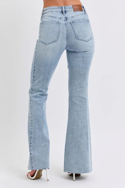 Judy Blue Full Size Midi Rise Rhinestone Side Panel Detail Flare Jeans Plus Size LT / 1(25) LT / 5(27) LT / 7(28) LT / 1(25)-LT / 5(27)-LT / 7(28)-LT / 9(29)-LT / 20W-LT / 0(24)-LT / 3(26)-LT / 11(30)-LT / 13(31)-LT / 15(32)-LT / 14W-LT / 16W-LT / 18W-LT / 22W-LT / 24W-