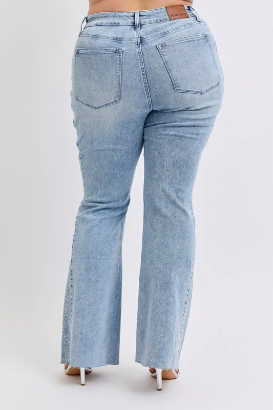 Judy Blue Full Size Midi Rise Rhinestone Side Panel Detail Flare Jeans Plus Size LT / 1(25) LT / 5(27) LT / 7(28) LT / 1(25)-LT / 5(27)-LT / 7(28)-LT / 9(29)-LT / 20W-LT / 0(24)-LT / 3(26)-LT / 11(30)-LT / 13(31)-LT / 15(32)-LT / 14W-LT / 16W-LT / 18W-LT / 22W-LT / 24W-