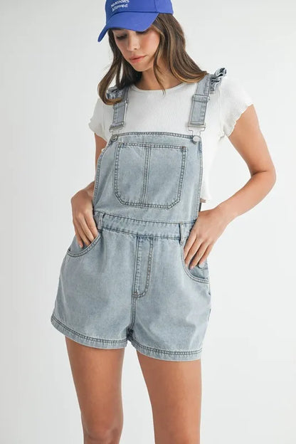 MABLE Square Neck Ruffle Shoulder Denim Overall Romper Lt Denim / S Lt Denim / M Lt Denim / L Lt Denim / S-Lt Denim / M-Lt Denim / L-