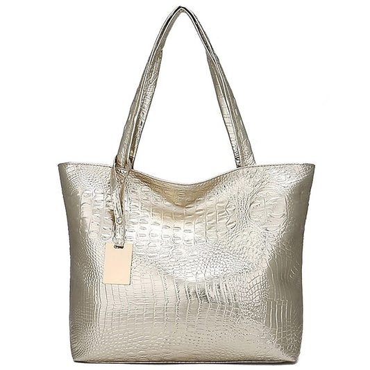 Chic Crocodile Embossed Tote Bag - Versatile PU Fashion in Gold, Black, and Silver Gold Silver Black Gold-Silver-Black-