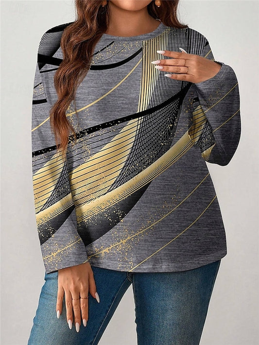 Chic Geometry Print Long Sleeve Tee - Plus Size Casual Top for Fall & Winter Gray / 1XL (Plus) Gray / 2XL (Plus) Gray / 3XL (Plus) Gray / 1XL (Plus)-Gray / 2XL (Plus)-Gray / 3XL (Plus)-Gray / 4XL (Plus)-