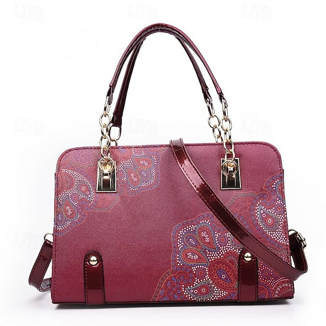 Stylish PU Leather Handbag for Women – Large Capacity Geometric Flower Design Purple Green Wine Purple-Green-Wine-Red-Black-