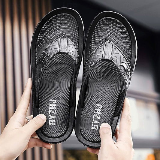 Stylish & Comfortable Men’s PU Leather Slip-Resistant Flip-Flops - Brown & Gray